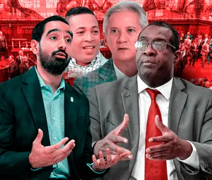 A bird sitting on a nest of eggs.